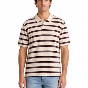 Nautica Knit Striped Polo Men XL Beige 100% Cotton Nautical Prep Golfcore Basic